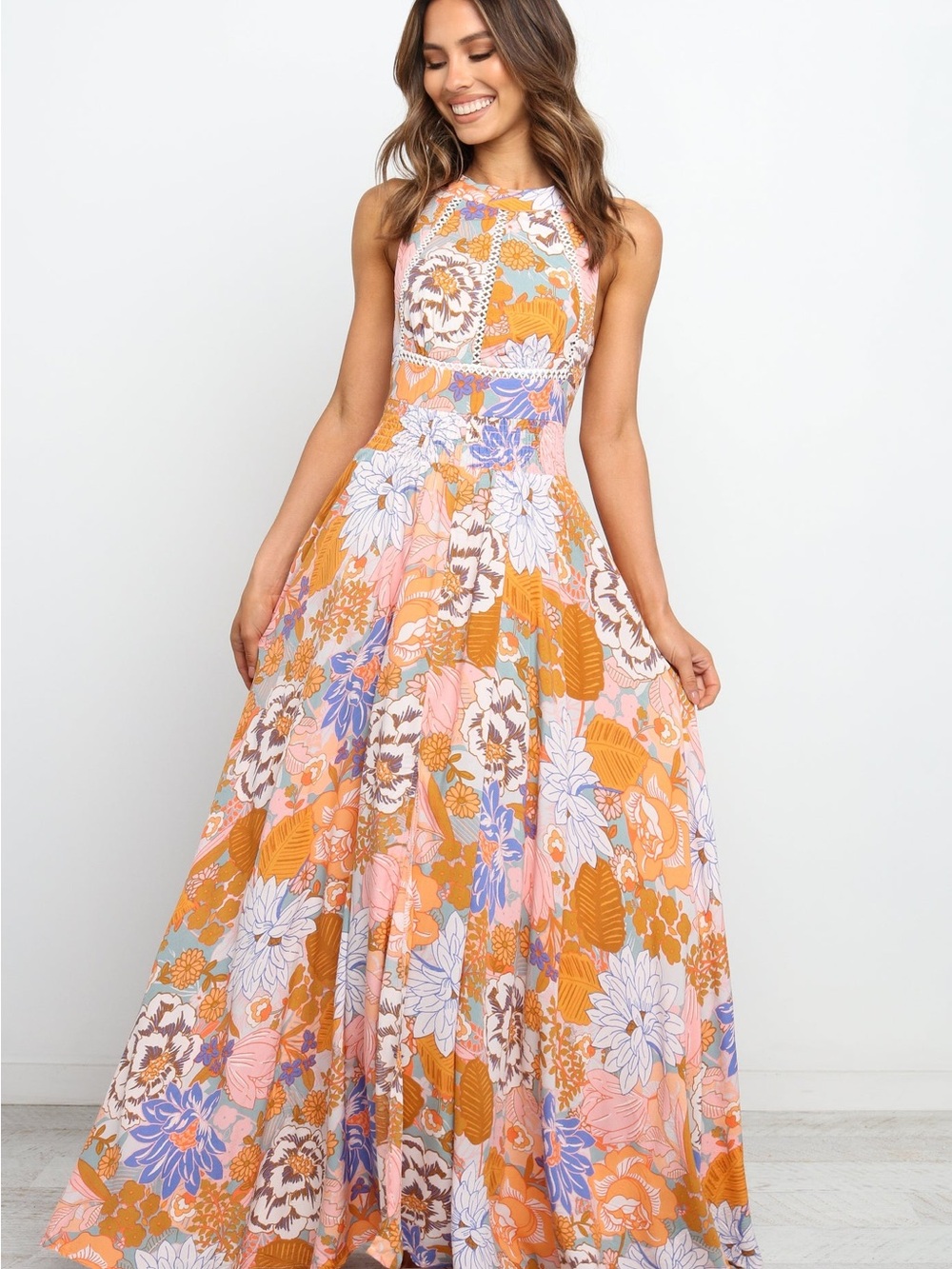Petal + Pup Size L Floral Halter Maxi Dress Open Back Boho Crochet
